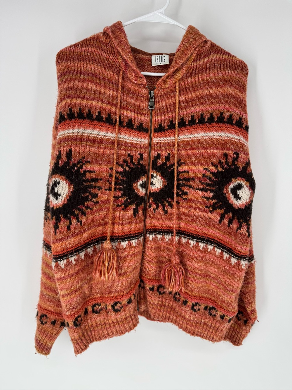Urban Outfitters BDG boho beach Rust, Black & Cream Hooded Zip Poncho Sweater